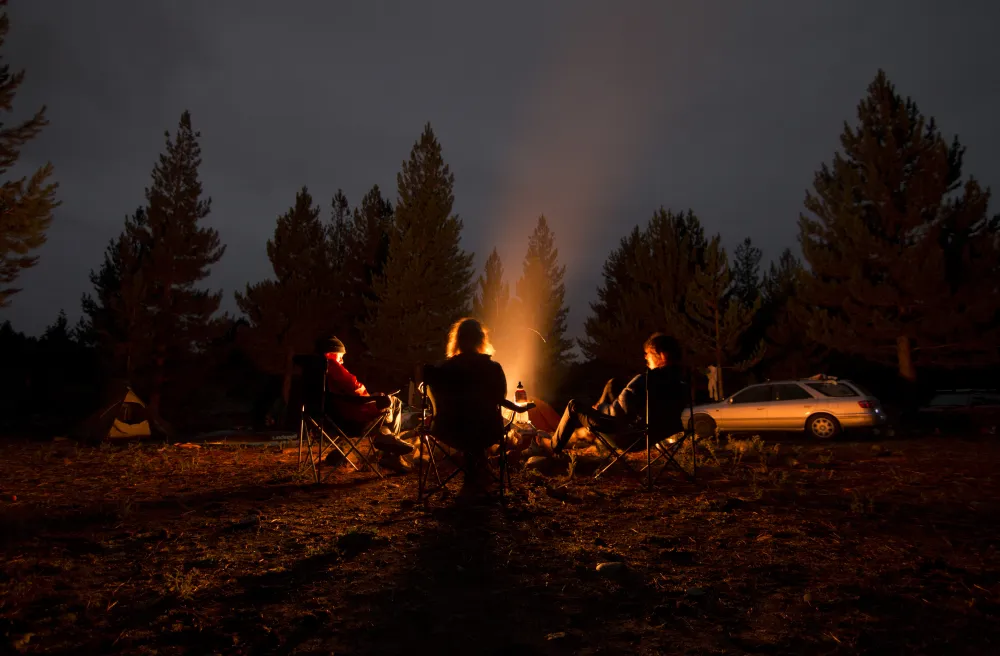 Junge Leute sitzen um Feuer im Wald