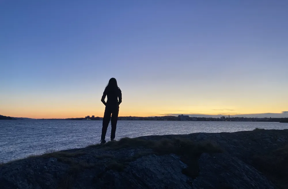 Silhouette am Meer, Blick auf Stavanger, Abenddämmerung, Felsküste, blaue Stunde
