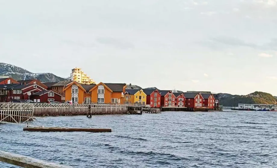 Bunte Häuser in einer Bucht Norwegens mit stahlblauem Meer